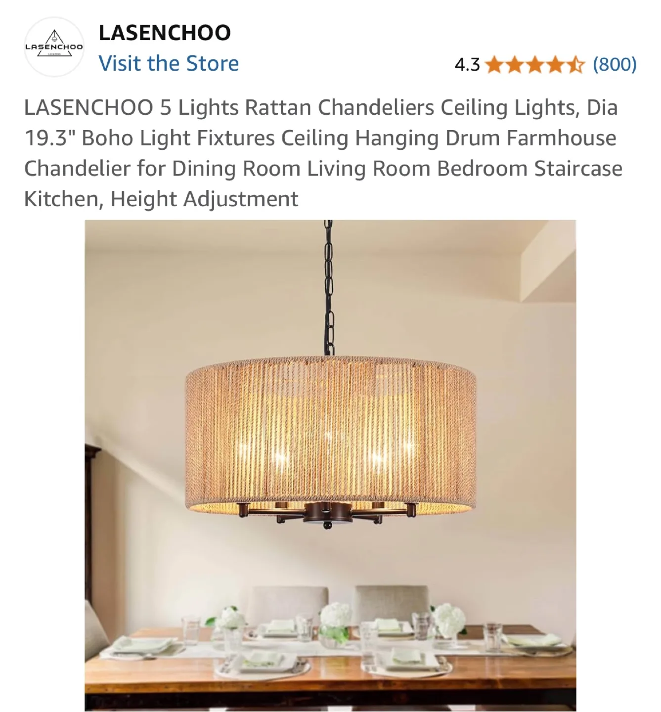 LASENCHOO Rattan Chandelier - 19.3" Diameter thumbnail