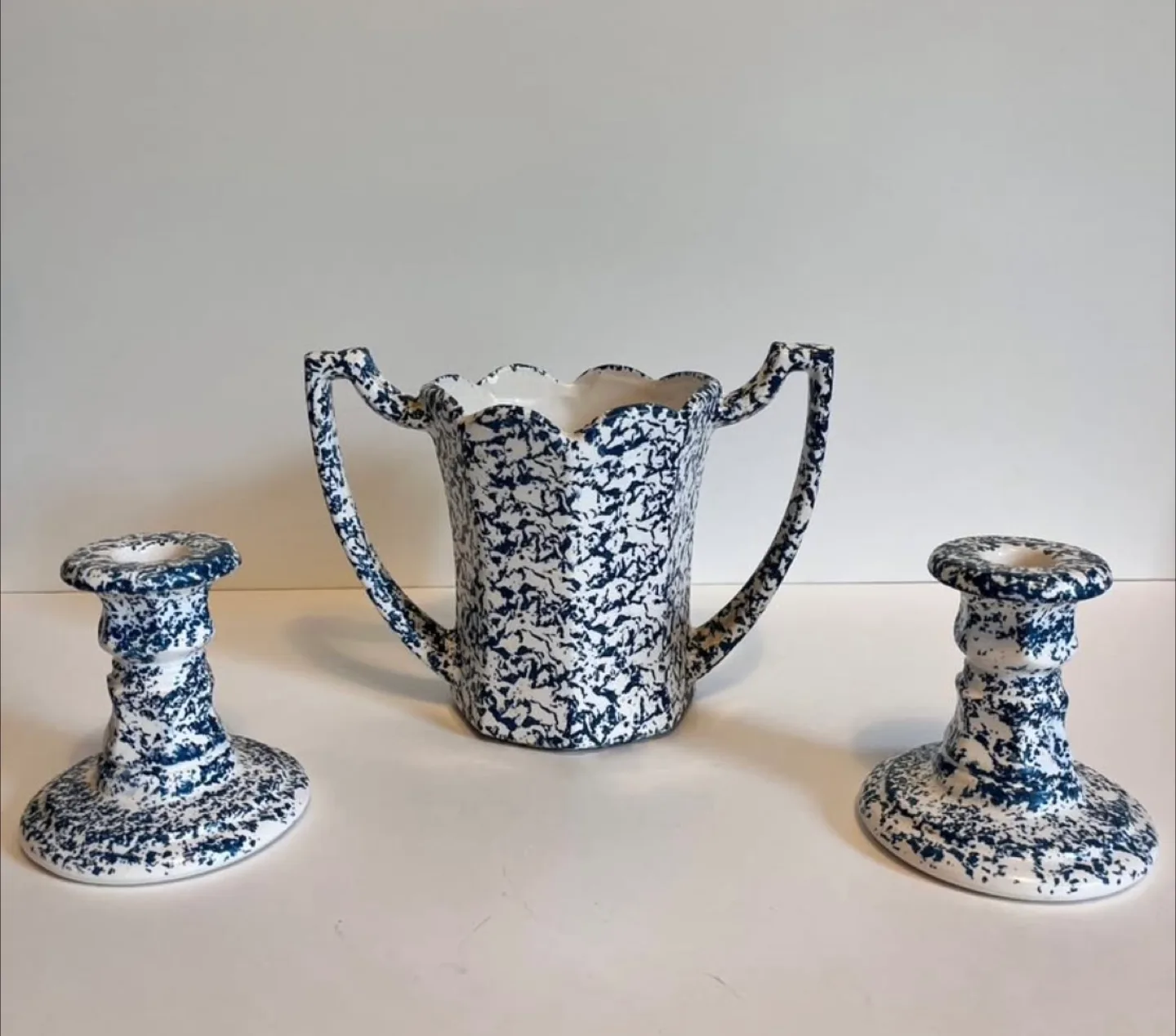 Vintage Blue Splatterware Vase & Candle Holders thumbnail