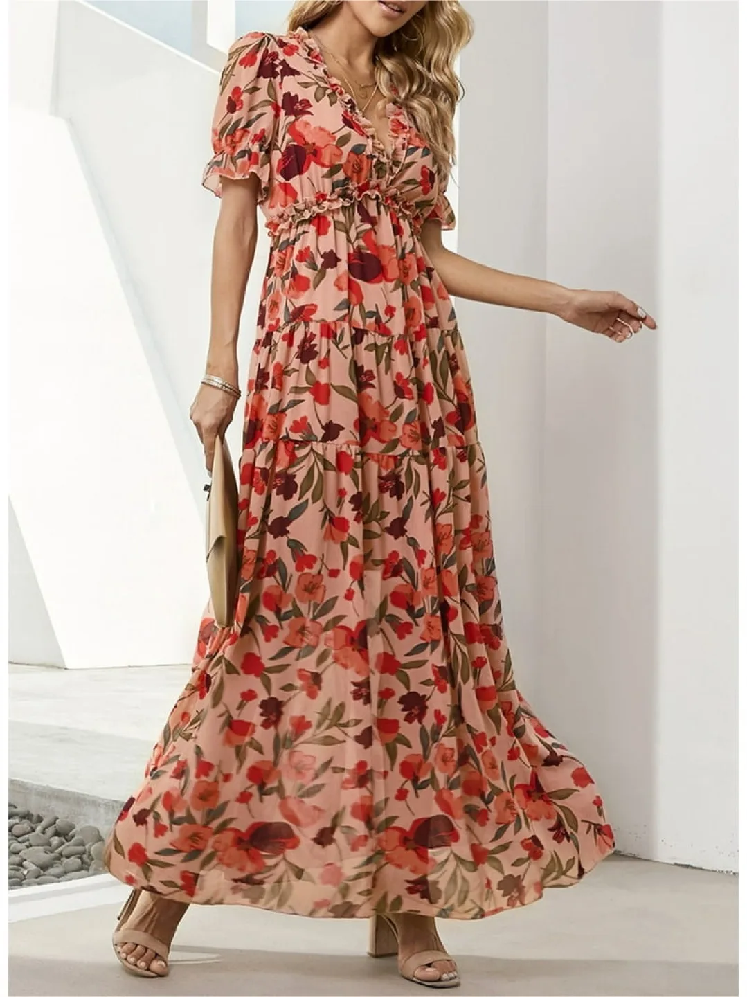 New Short Sleeves Loose Flowy Ruffle Maxi Dress Summer thumbnail