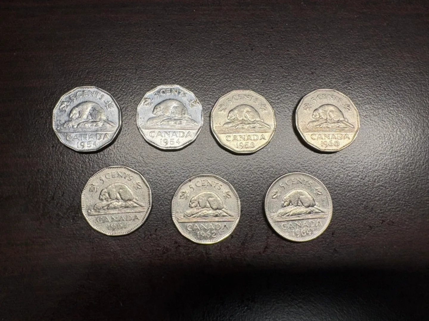 Vintage Canadian 5 Cent Coins - 1954, 1958, 1960, 1962, 1964 thumbnail