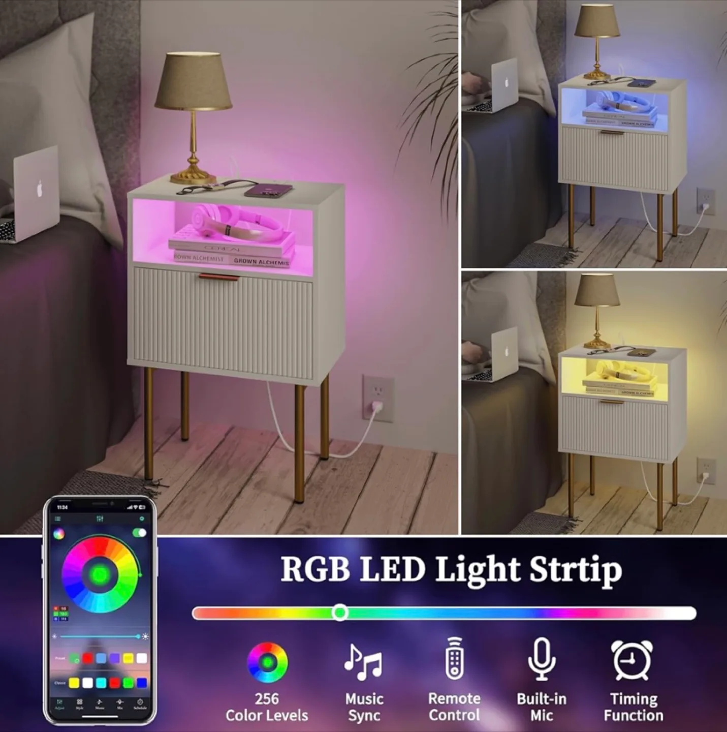 White Nightstand with LED & USB Ports thumbnail
