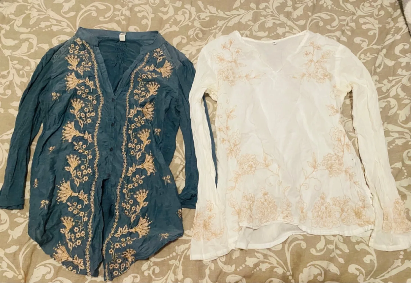 Embroidered Long Sleeve Tops - White & Blue size S women thumbnail