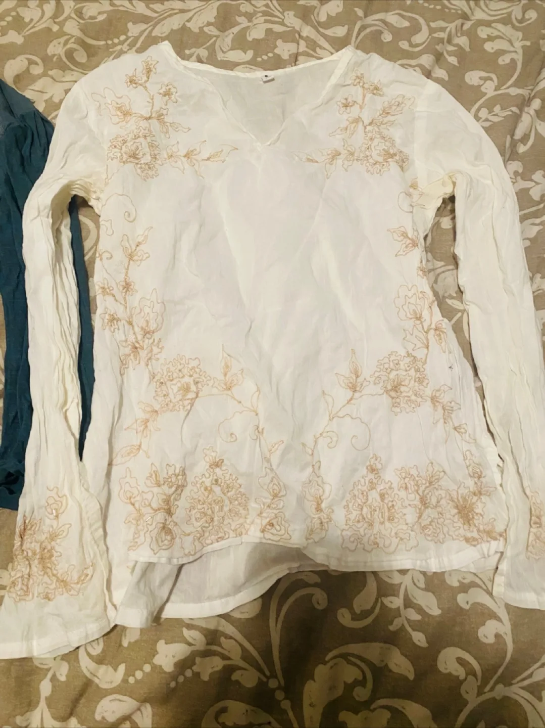 Embroidered Long Sleeve Tops - White & Blue size S women image indicator(2)