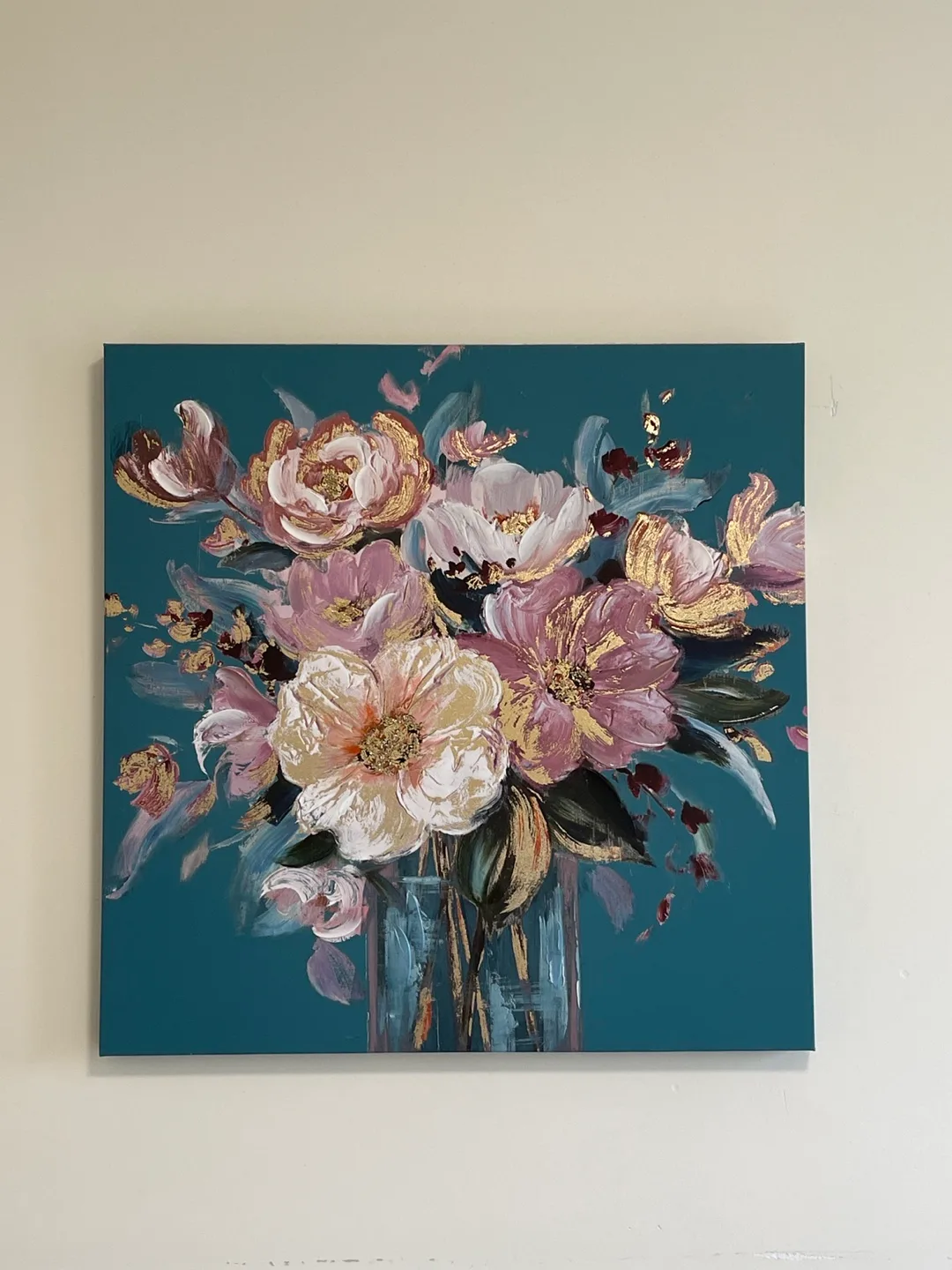 ‼️MOVING SALE🎉Floral Canvas Wall Art - Teal, Pink, Gold thumbnail