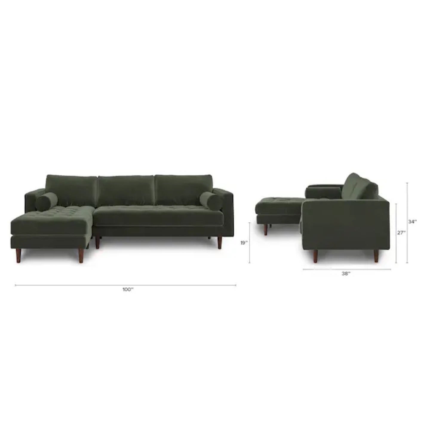Green Velvet Sectional Sofa - 100" Length - photo 3