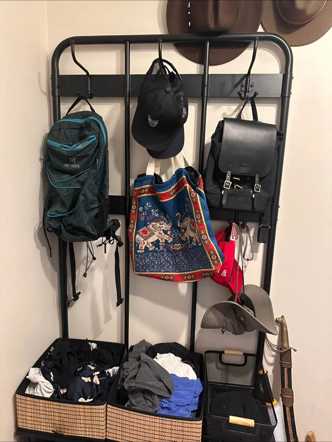 Black Metal Clothes/Jacket Rack with Shelves thumbnail