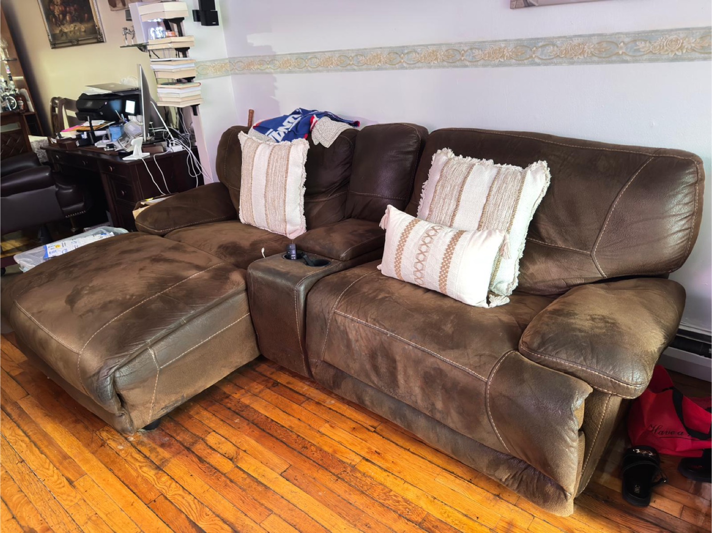 Brown Leather Reclining Sofa with Ottoman - photo 2