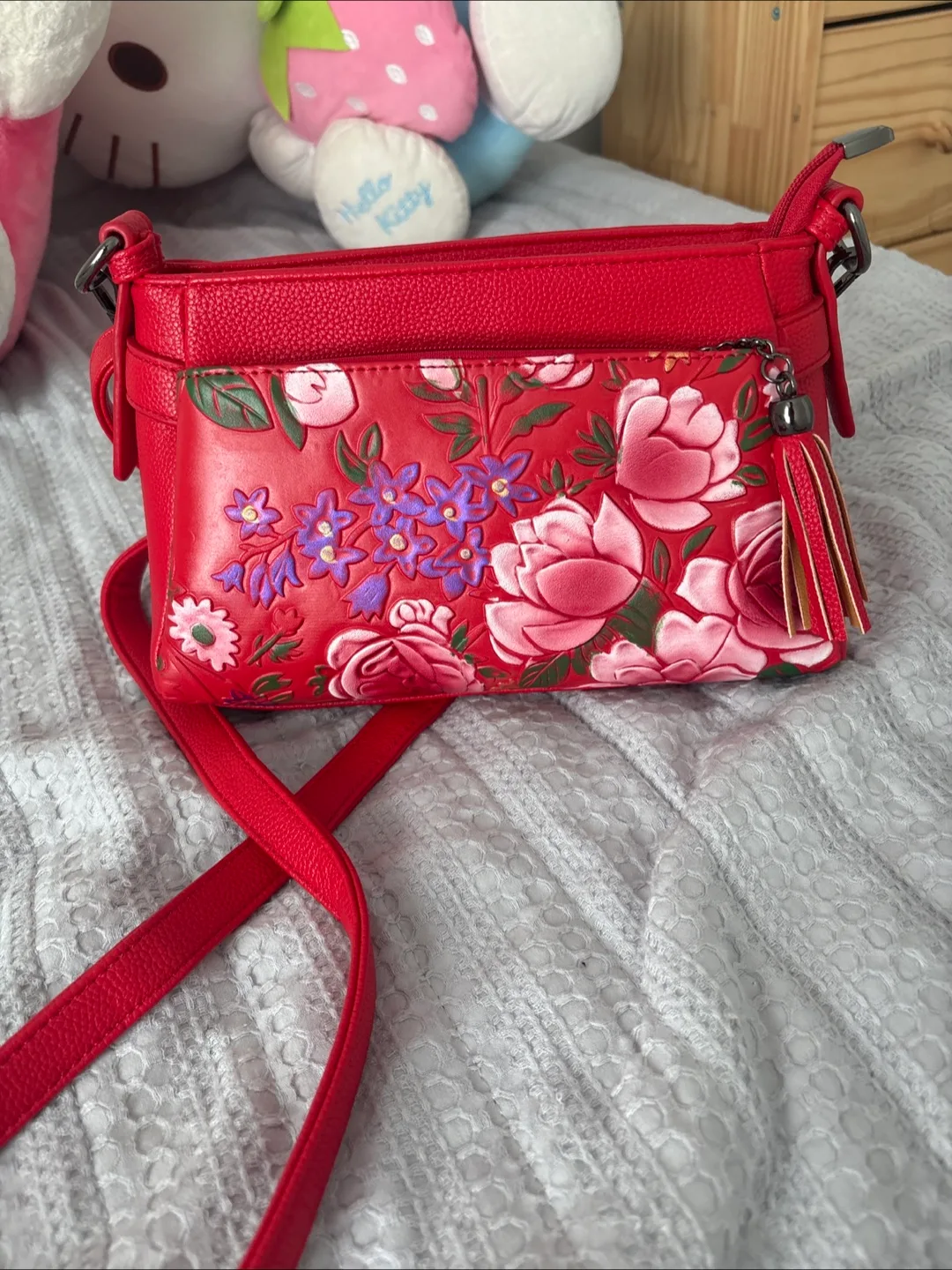 Red Floral Embossed Crossbody Bag thumbnail