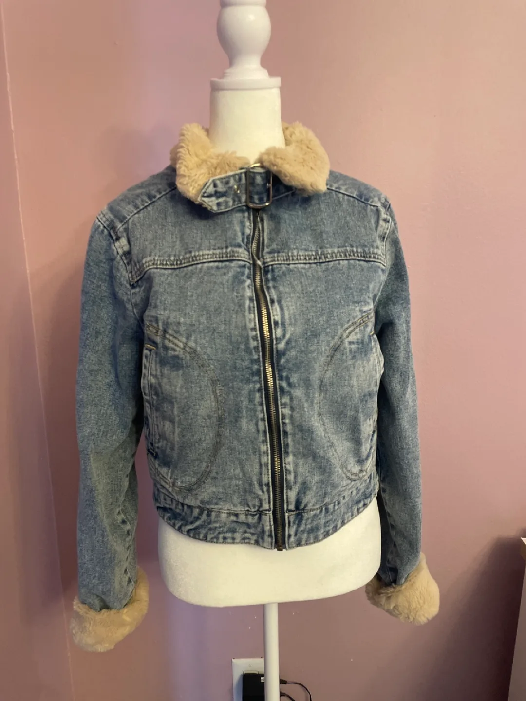Denim Jacket with Faux Fur Trim thumbnail