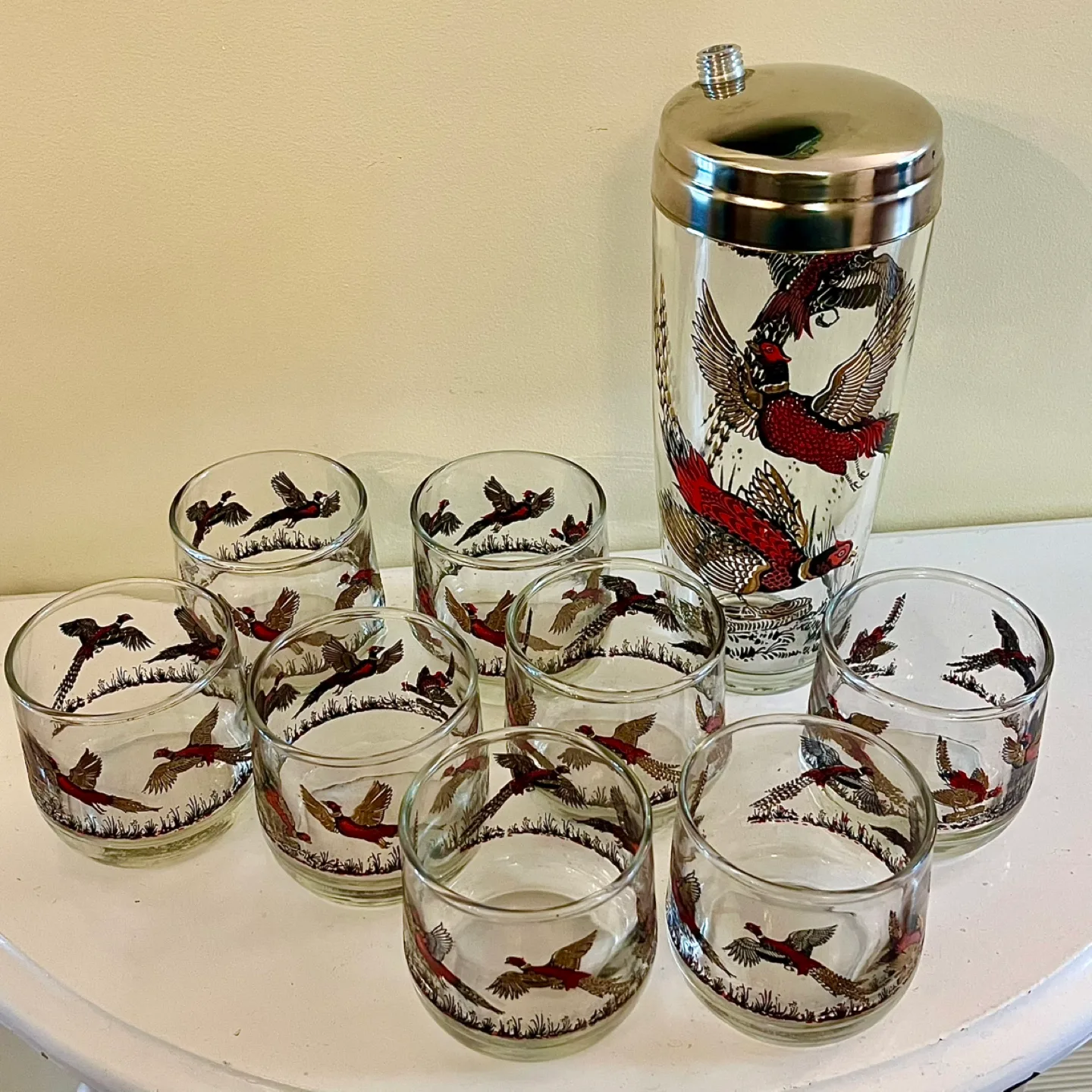 Hazel Atlas Golden Pheasant Cocktail Shaker & 8 Glasses thumbnail