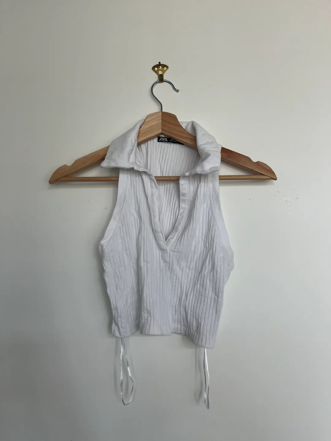 Zara White Ribbed Halter Top - Size M thumbnail