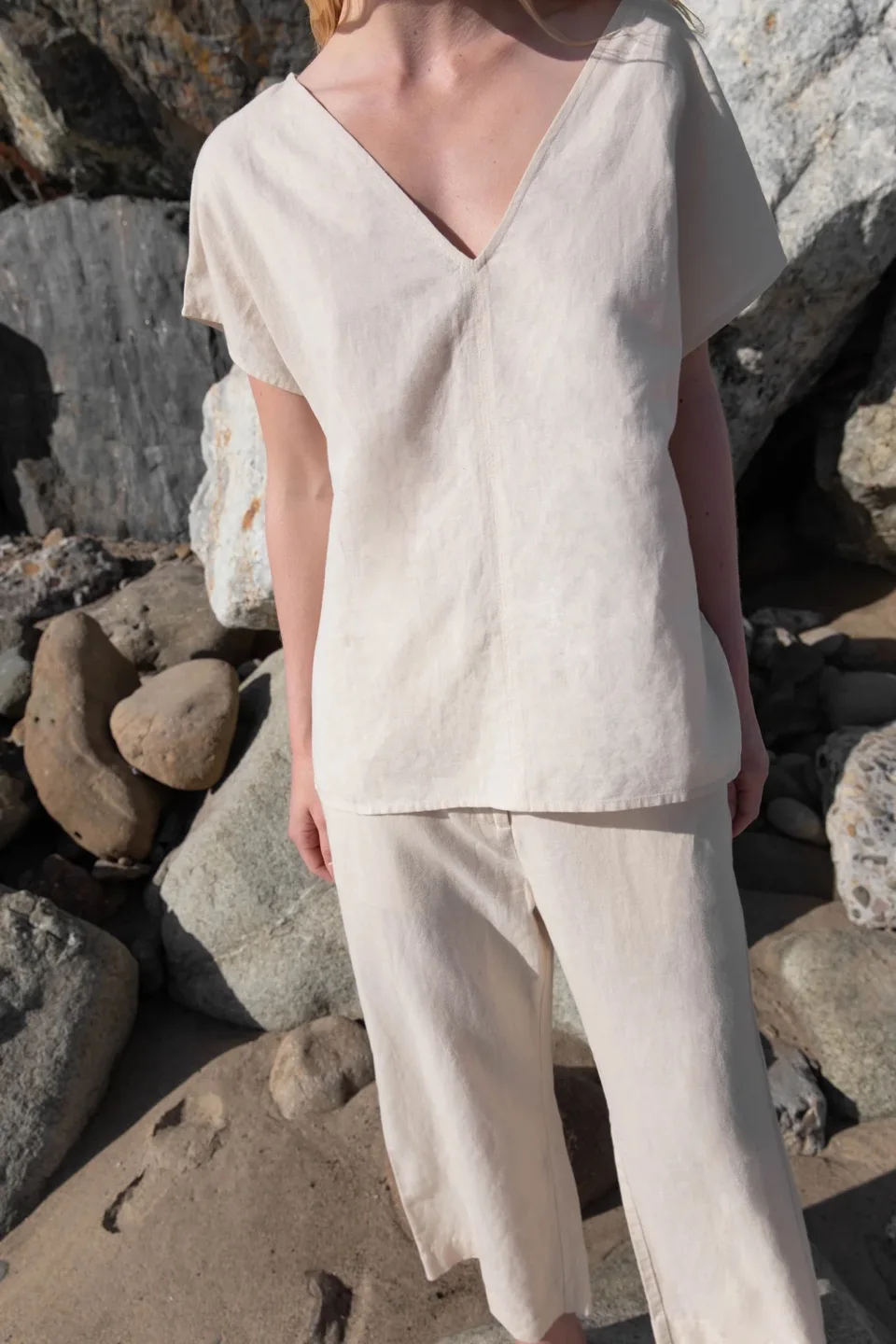 Oak + Fort Linen Blend V-Neck Blouse | Oatmeal thumbnail