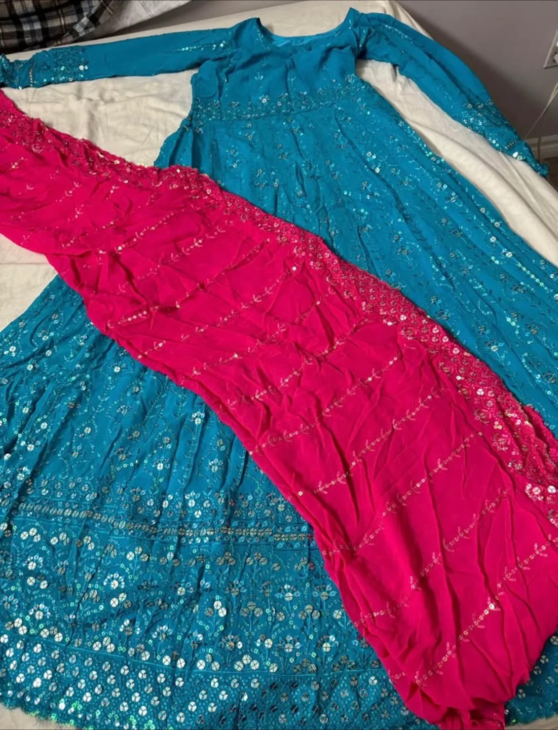 Teal Anarkali Dress with Pink Dupatta