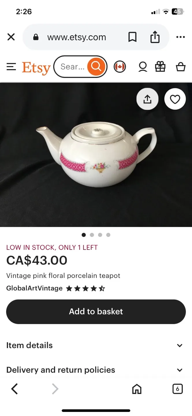 Vintage Pink Floral Porcelain Teapot thumbnail
