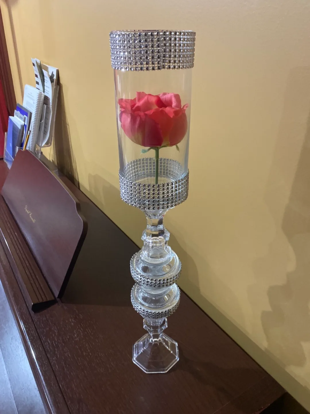 Centre Pieces: Tall Decorative Glass Vase with Faux Rose thumbnail