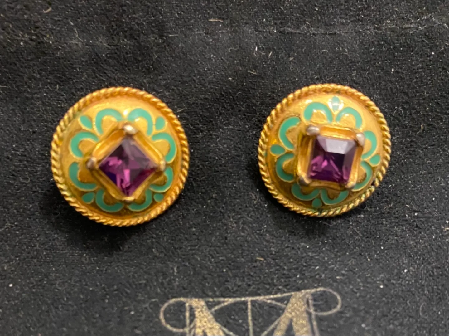 Vintage Gold Tone & Purple Stone Earrings thumbnail