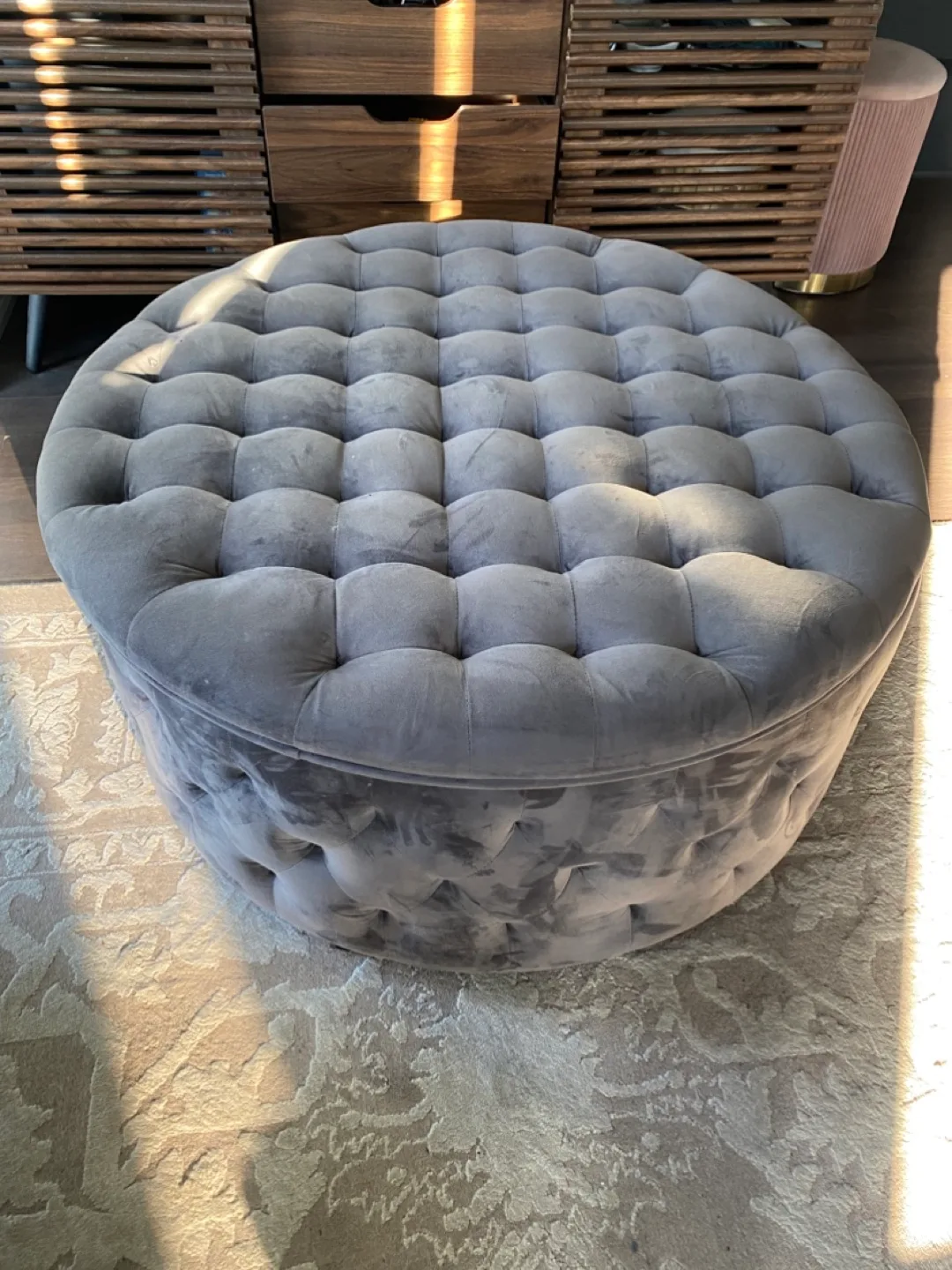 Grey Velvet Round Storage Ottoman