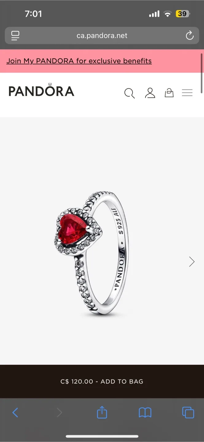 Pandora Sparkling Elevated Red Heart Ring thumbnail
