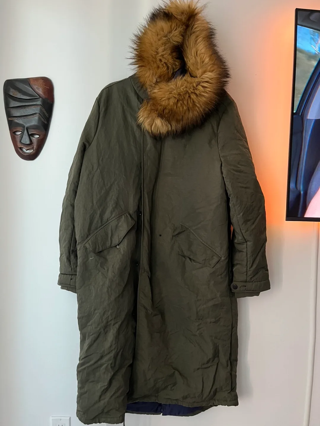 Olive Green Padded Parka with Fur Hood thumbnail