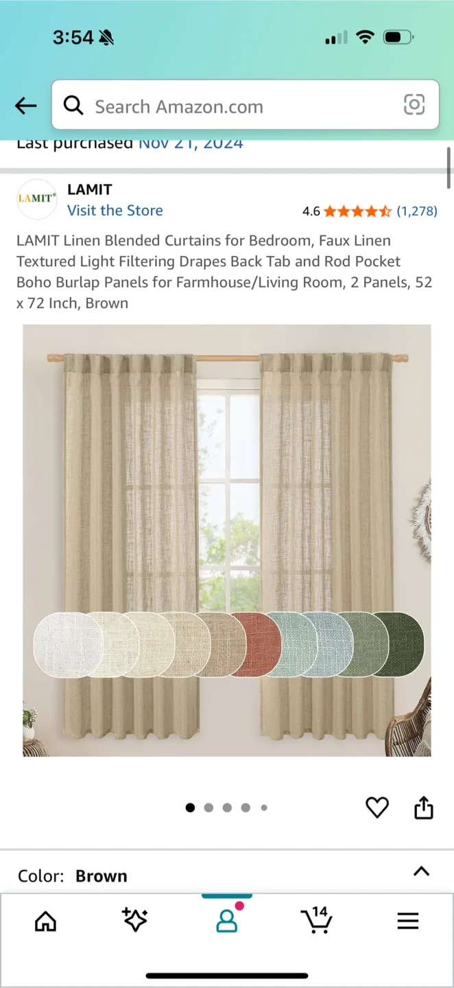 LAMIT Linen Blended Curtains, Brown, 52 x 72 inch thumbnail