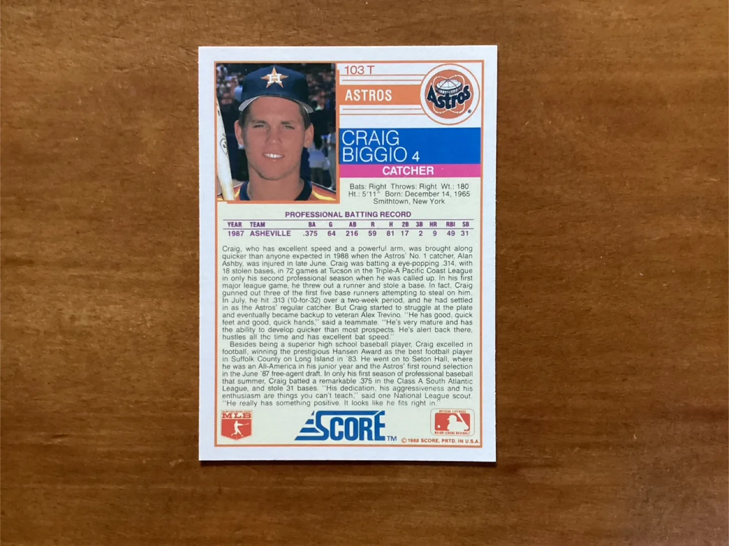 1988 SCORE CRAIG BIGGIO RC Traded #103T image indicator(4)