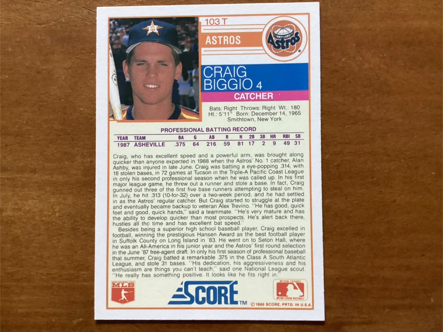 1988 SCORE CRAIG BIGGIO RC Traded #103T image indicator(2)