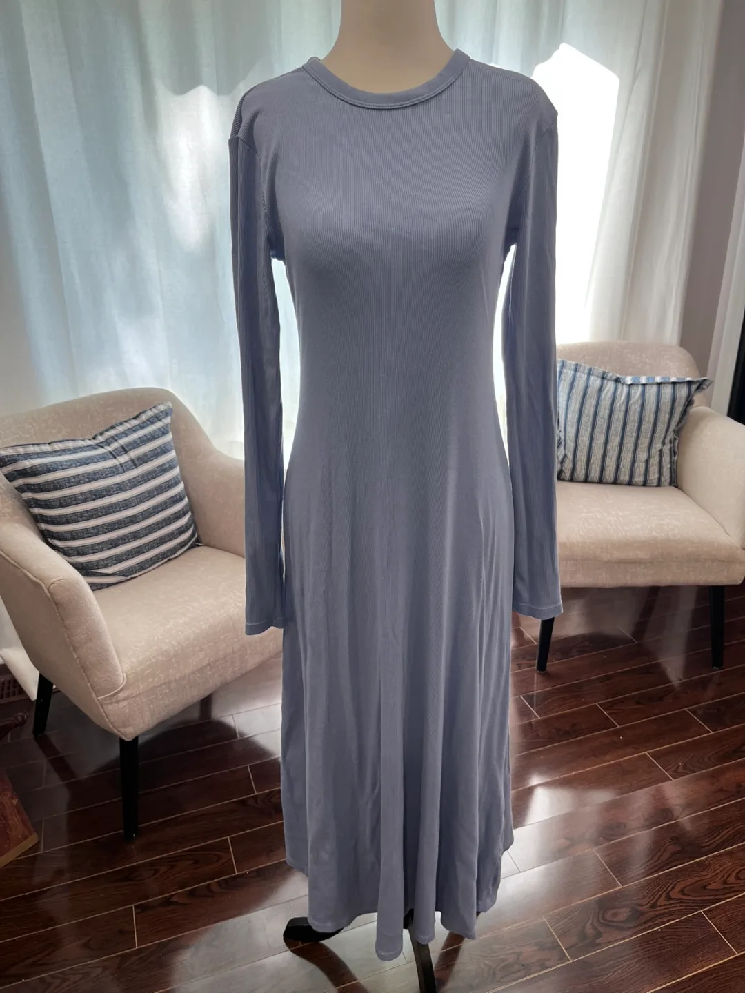 Uniqlo XS/TP Blue Ribbed Long Sleeve Dress thumbnail