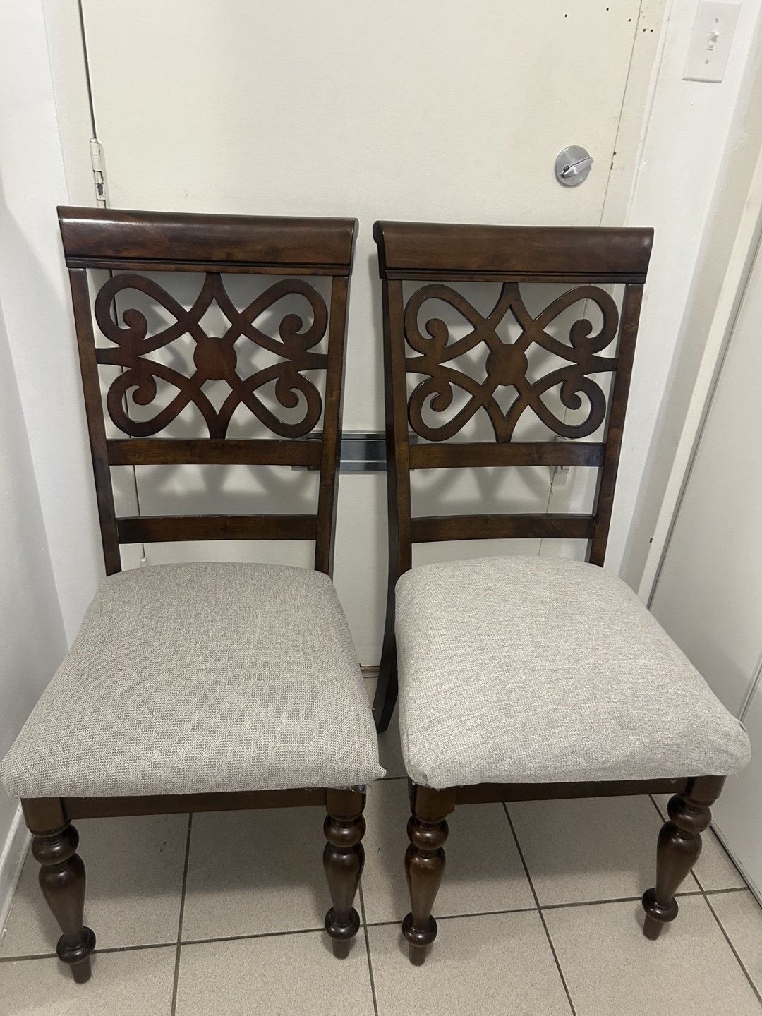 Set of 2 Dining Chairs - Brown Wood, Neutral Fabric