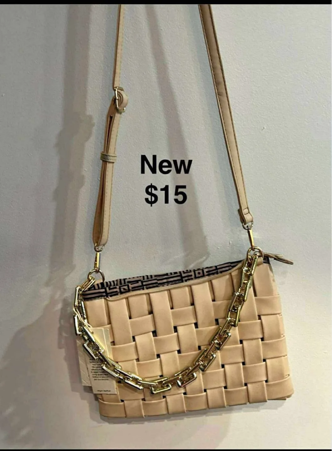 Beige Woven Shoulder Bag with Gold Chain thumbnail