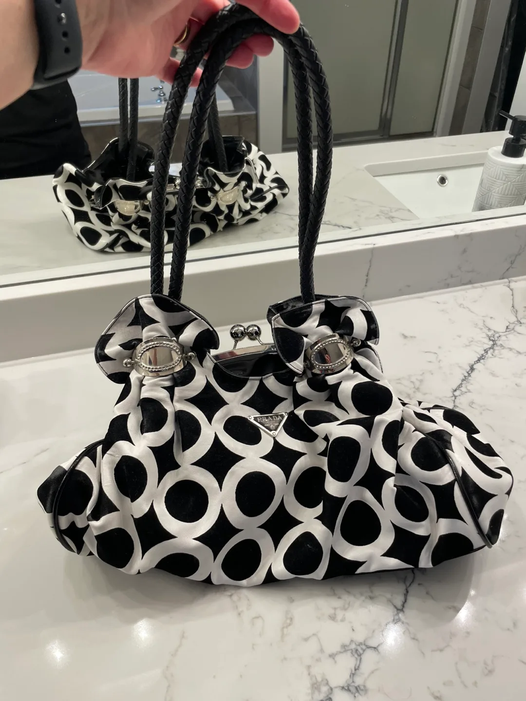 Faux Prada Black & White Patterned Handbag thumbnail
