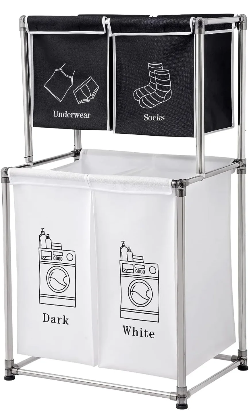 Rolling Laundry Sorter 4 Sections with 2-Tier Design thumbnail