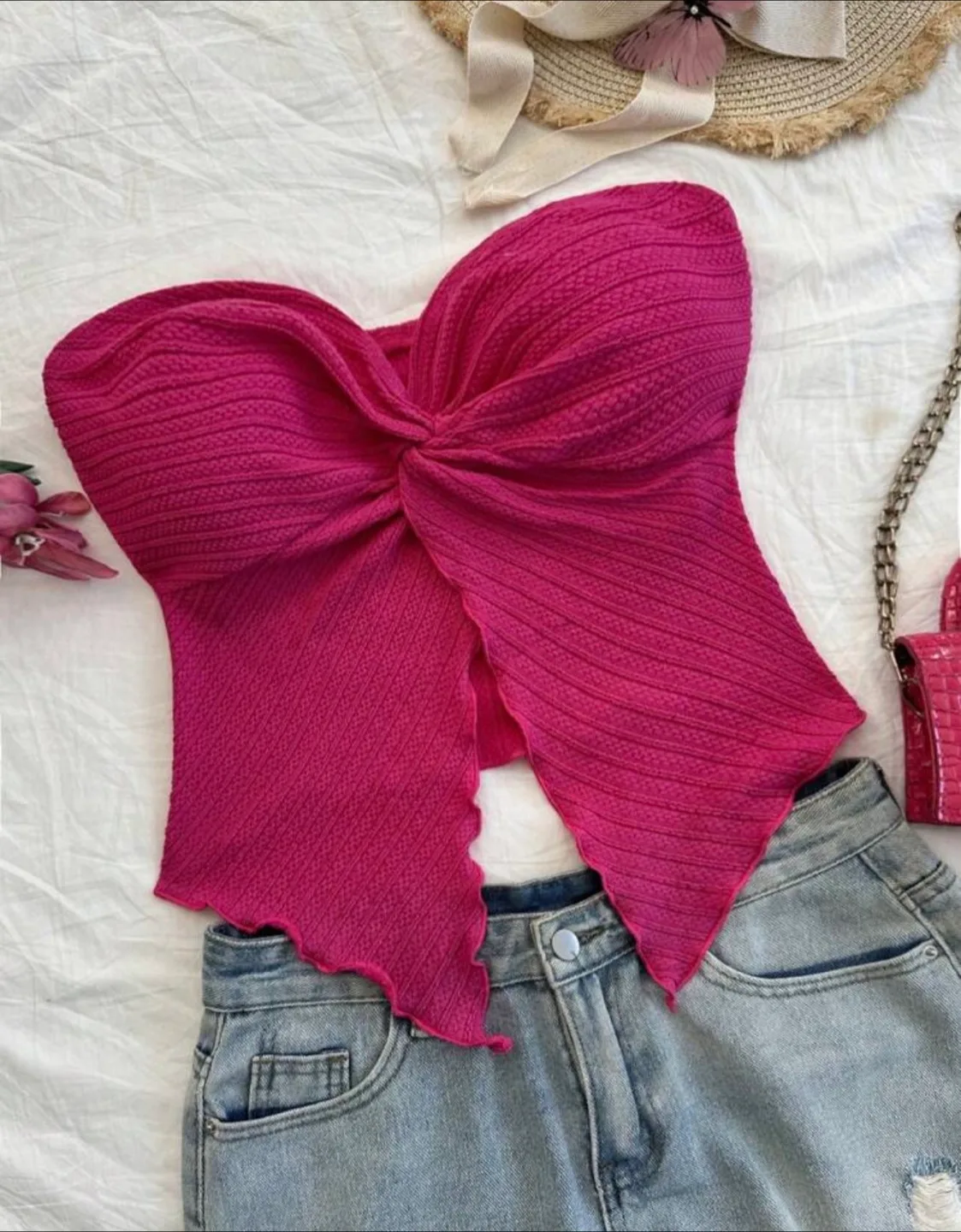 Pink Knitted Strapless Top thumbnail