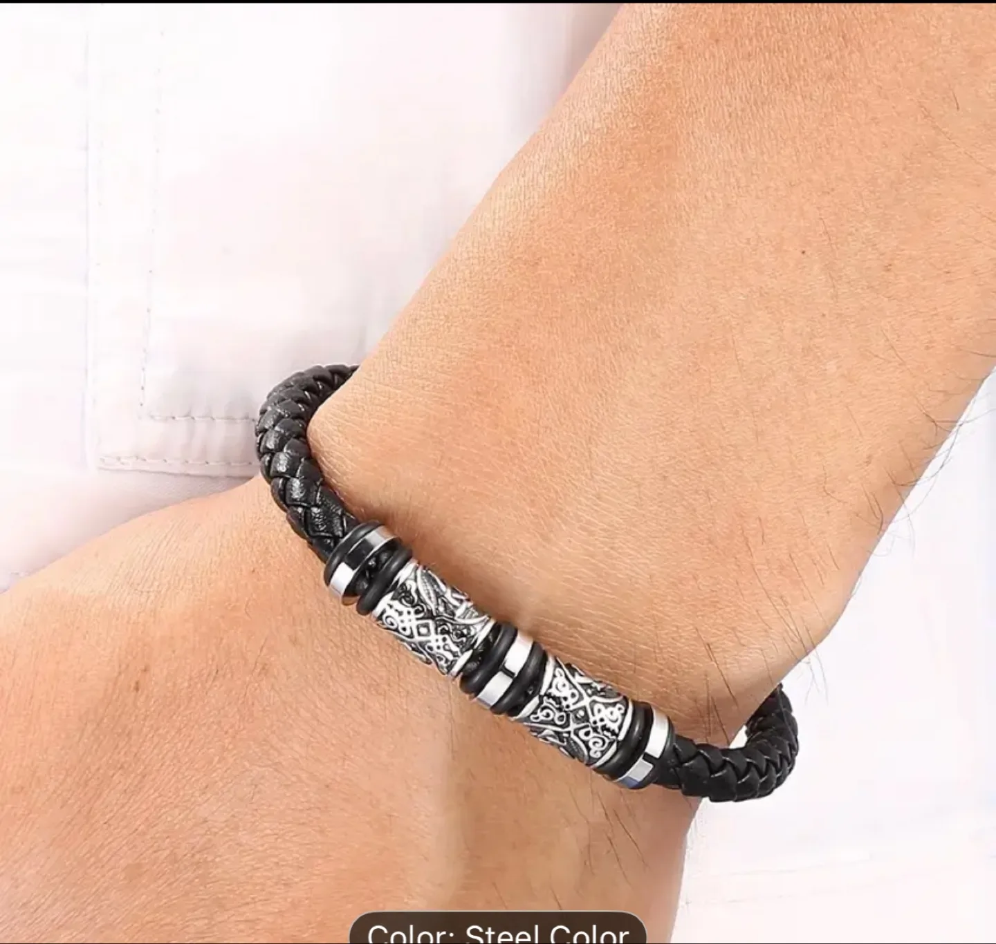 Braided Leather Bracelet - Steel Colour thumbnail