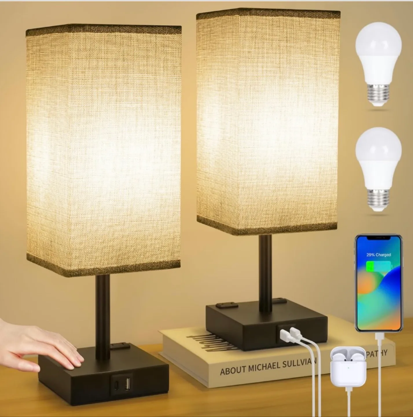 USB Bedside Lamp Set with Charging Ports thumbnail