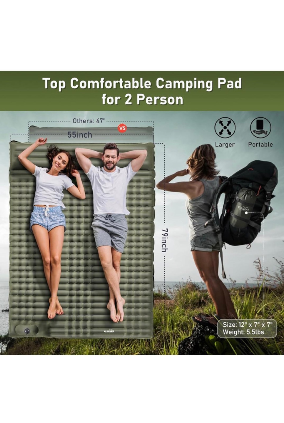 TWIN SIZE 4" Ultra-thick Sleeping Pad - Camping for Two