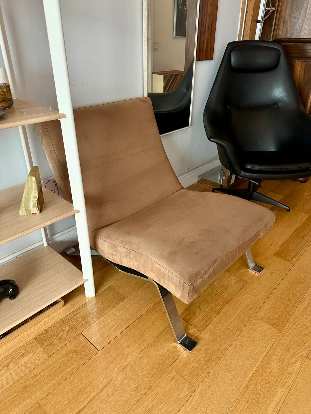 VINTAGE POST MODERN CHROME SUEDE MICROFIBER LOUNGE CHAIR thumbnail