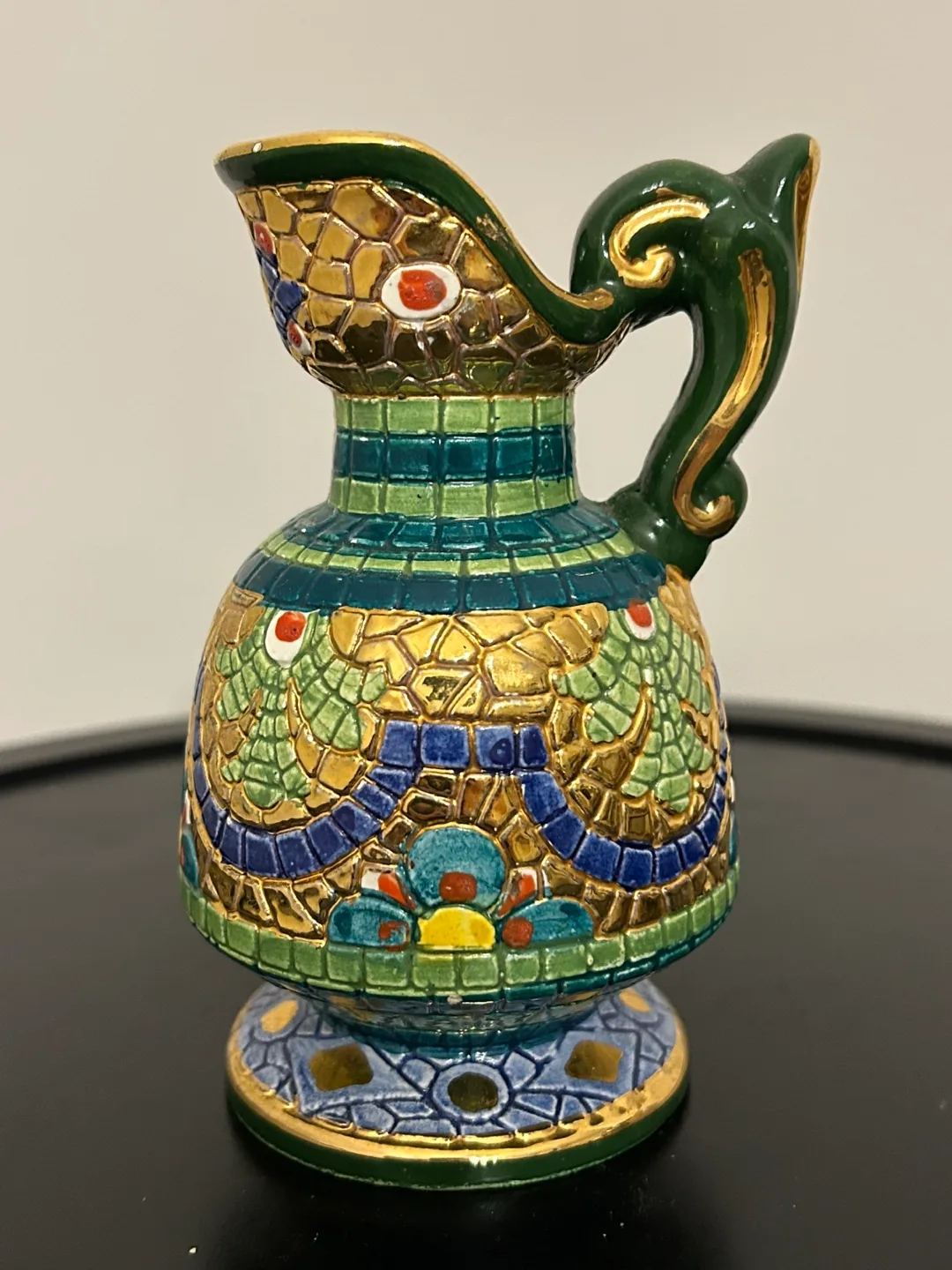 🇨🇦Hand Painted Italian Mini Pitcher, Mosaic Glaze Gold Trim 4,5” thumbnail