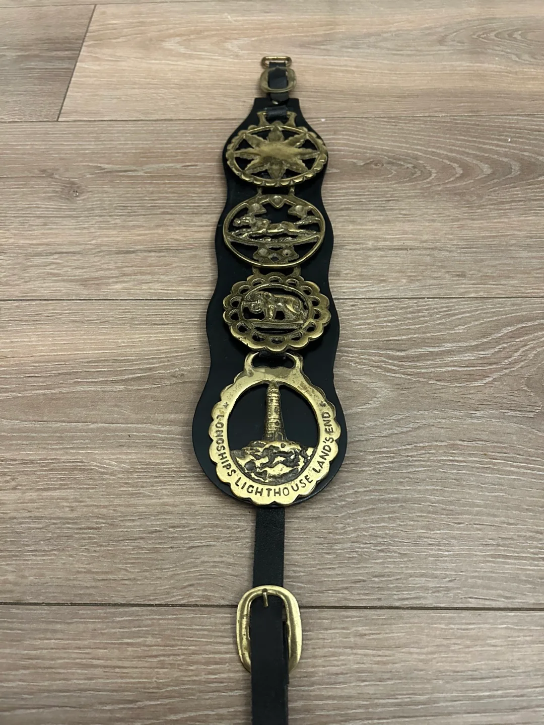 🇨🇦Vintage Brass Harness Medallions on Leather Strap – 13” thumbnail
