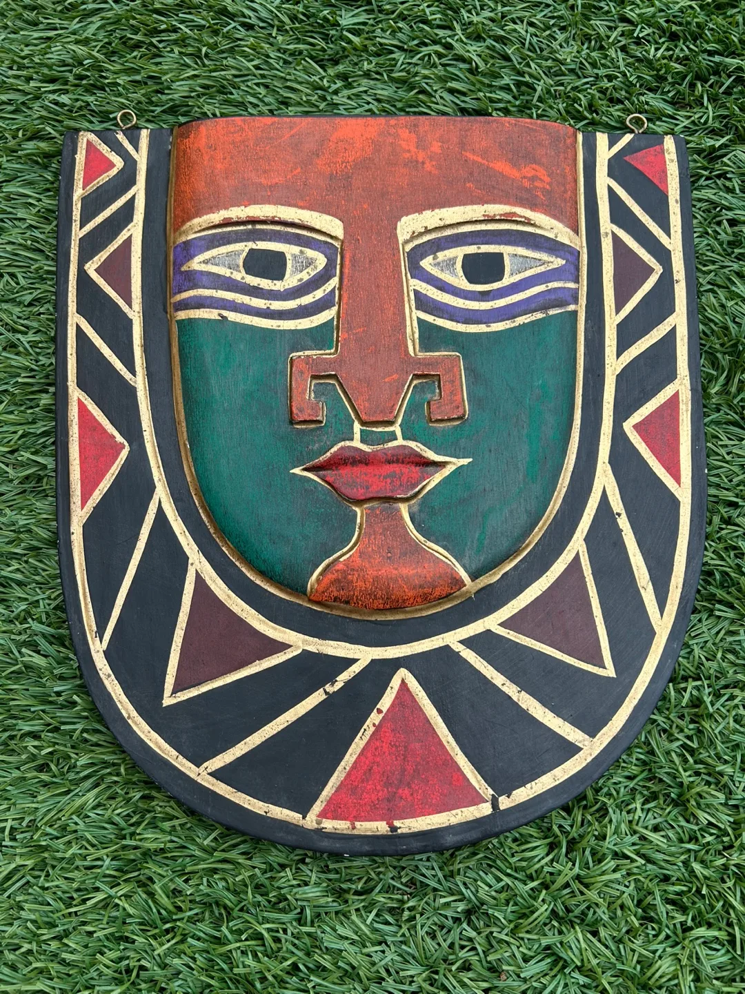 🇨🇦Vintage Hand-Painted Wooden Face Wall Art – Tribal Style 12” thumbnail