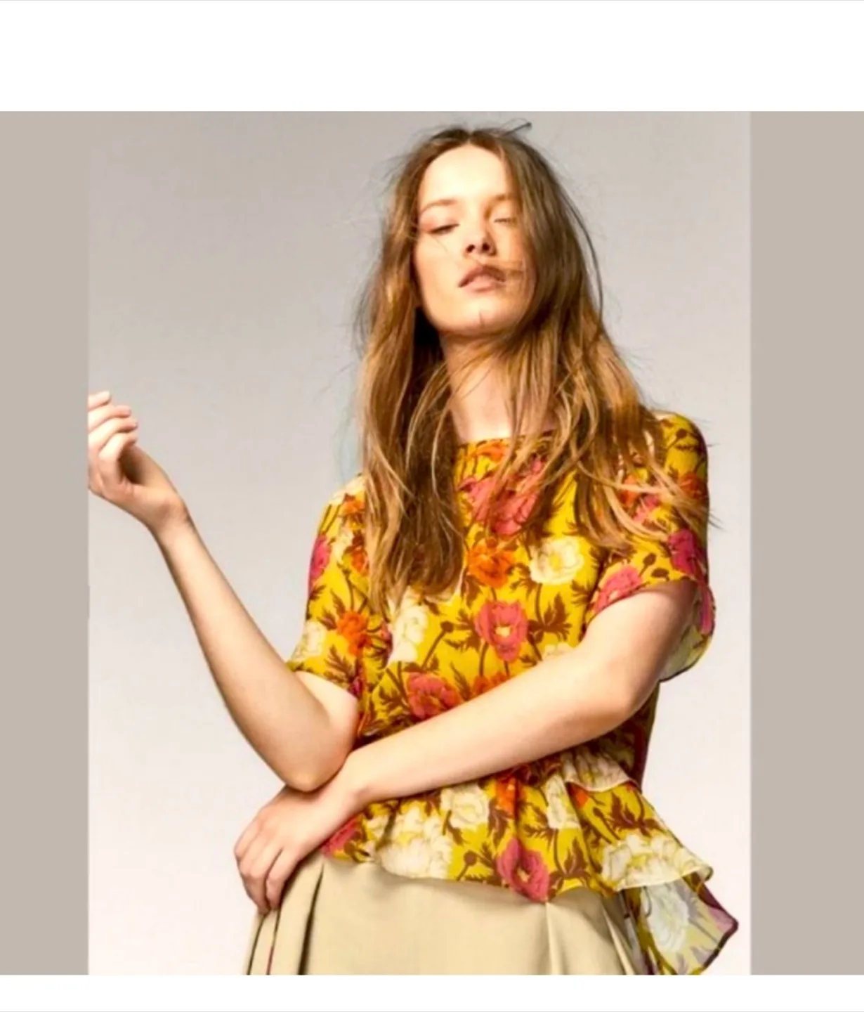 Massimo Dutton Olive Green Floral Flouncy Blouse thumbnail