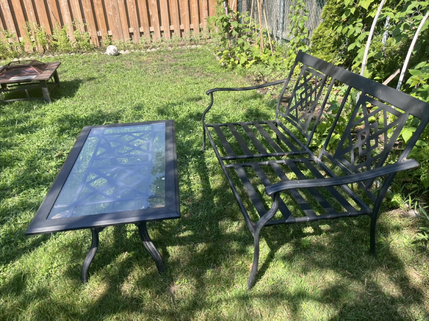 Outdoor Metal Bench & Glass Top Table Set