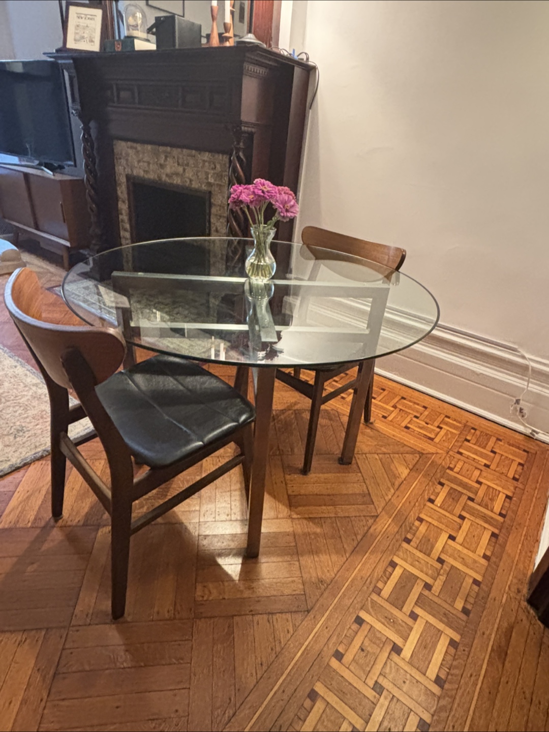 Crate and Barrel Glass Dining Table with 2 Wayfair Cafe Chairs
