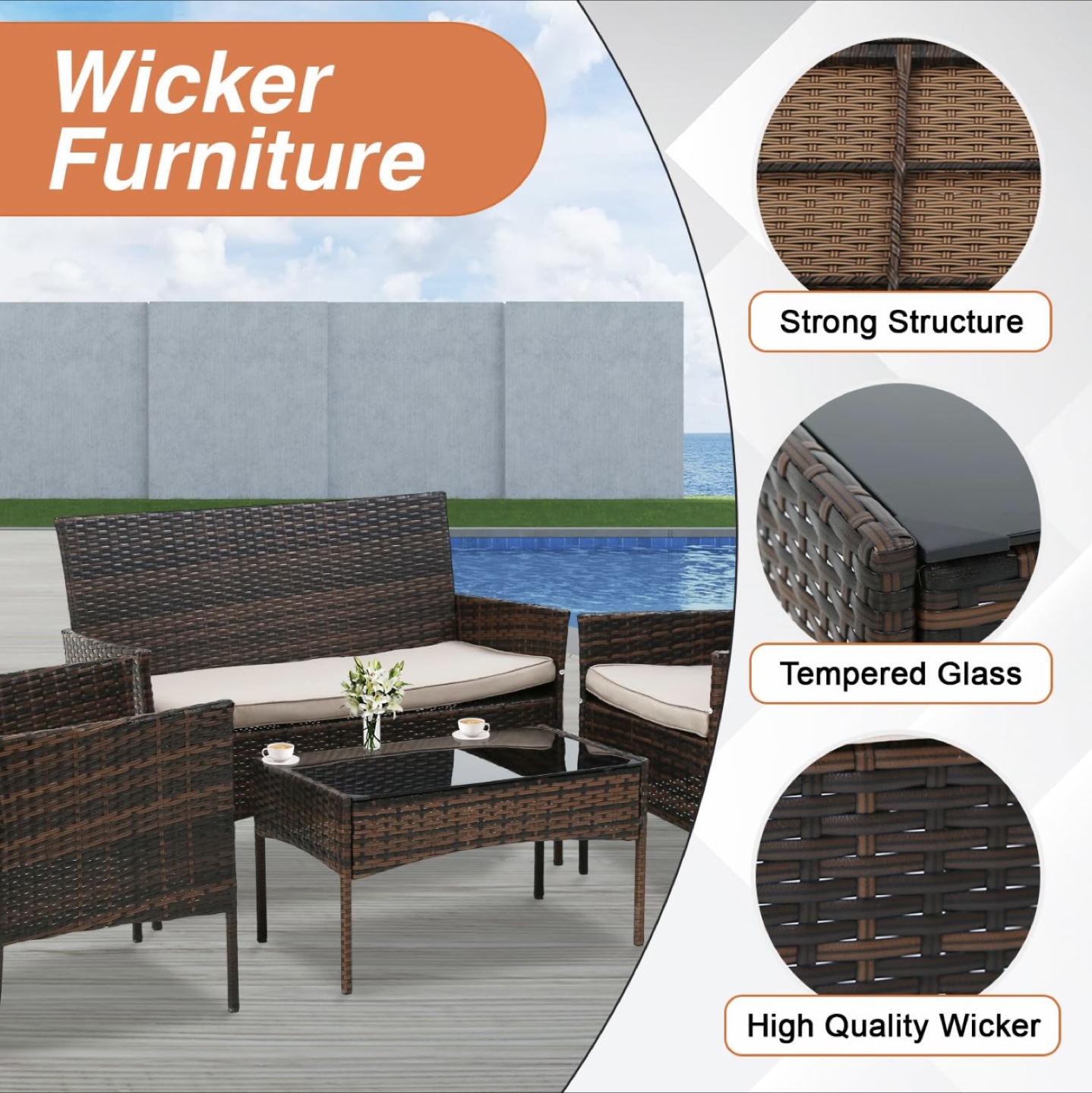 4 Piece Patio Furniture Set Outdoor Furniture Brown - photo 2