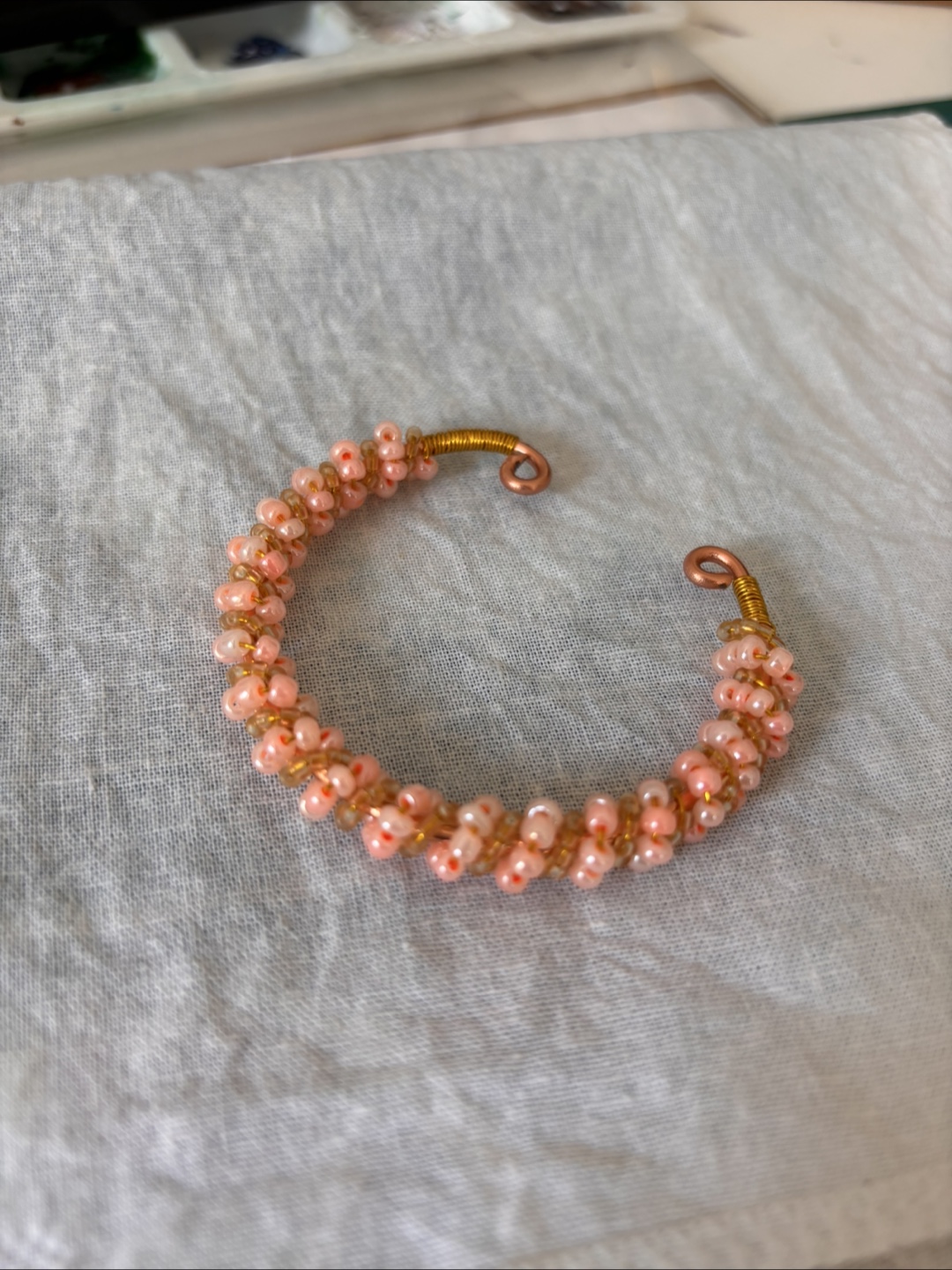 Handmade Beaded Cuff Bracelet - Peach and Gold