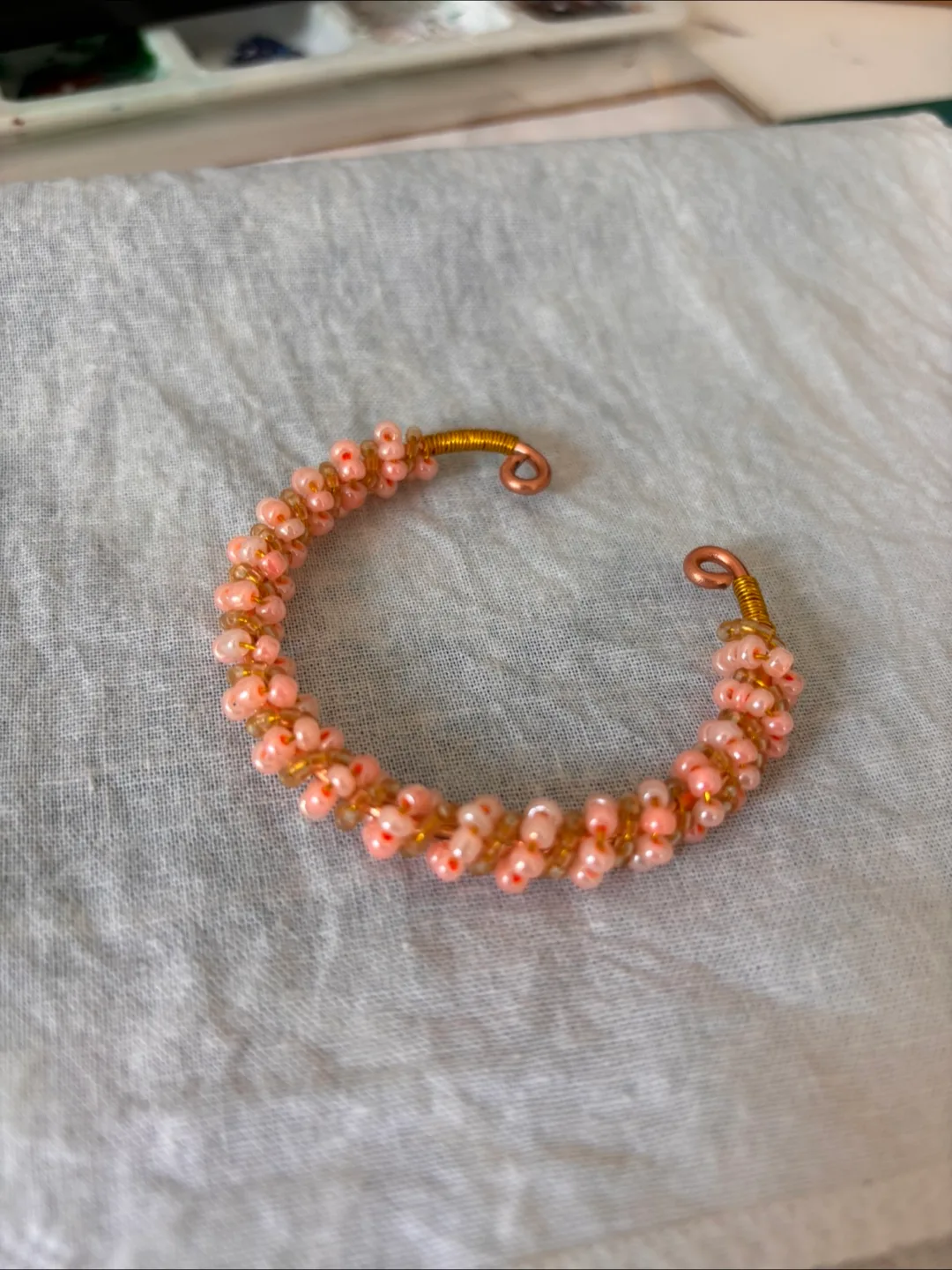 Handmade Beaded Cuff Bracelet - Peach and Gold