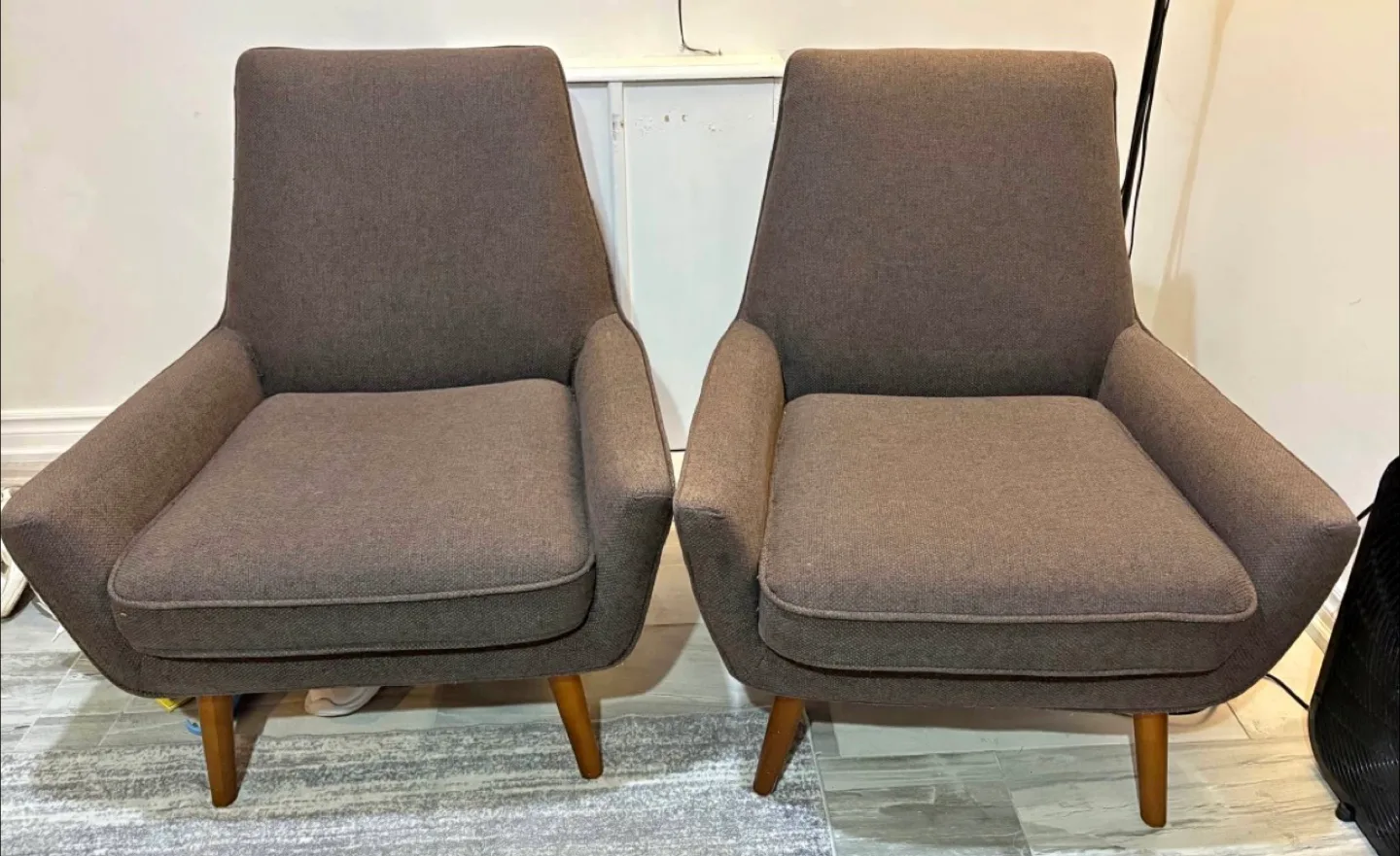 Pair of Armchairs - Brown Fabric, Wood Legs thumbnail