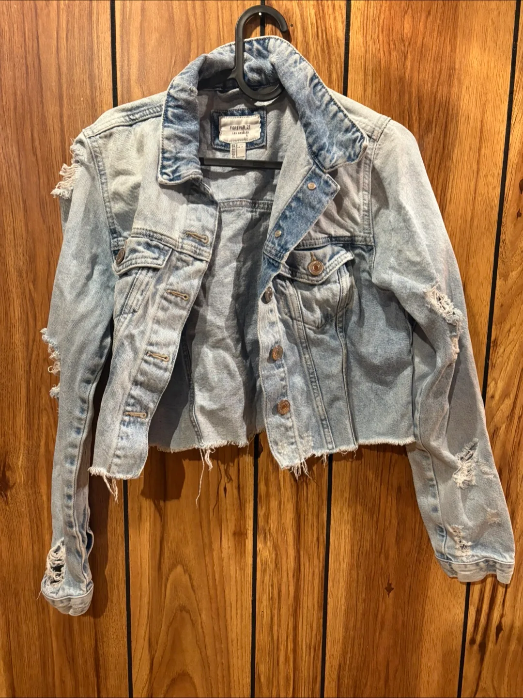 Forever 21 Ripped Jean Jacket (Small) (Barely worn, Like new) thumbnail