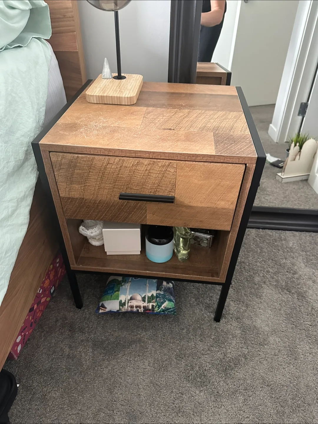 Wood and Metal Nightstand with Drawer