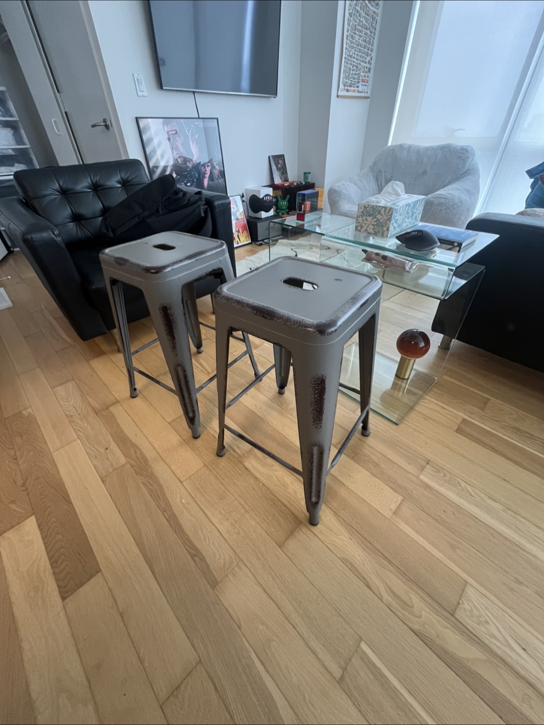 Set of 2 Gray Metal Bar Stools