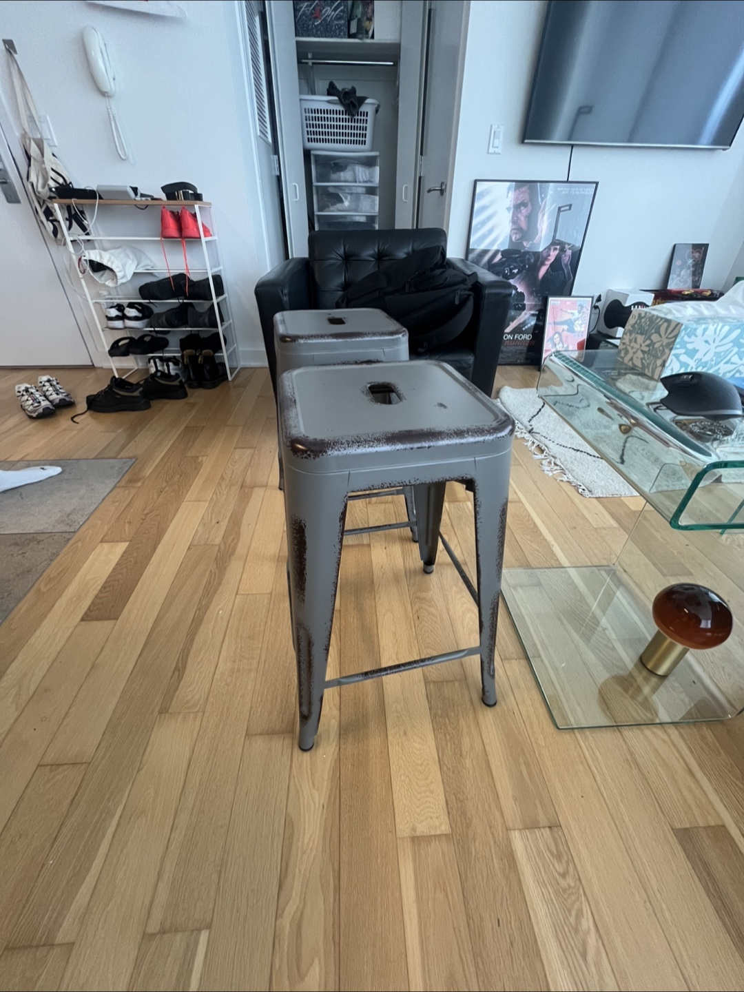 Set of 2 Gray Metal Bar Stools - photo 2